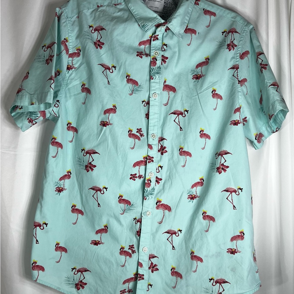 Denim & Flower Aqua Flamingo Print Shirt size XL
